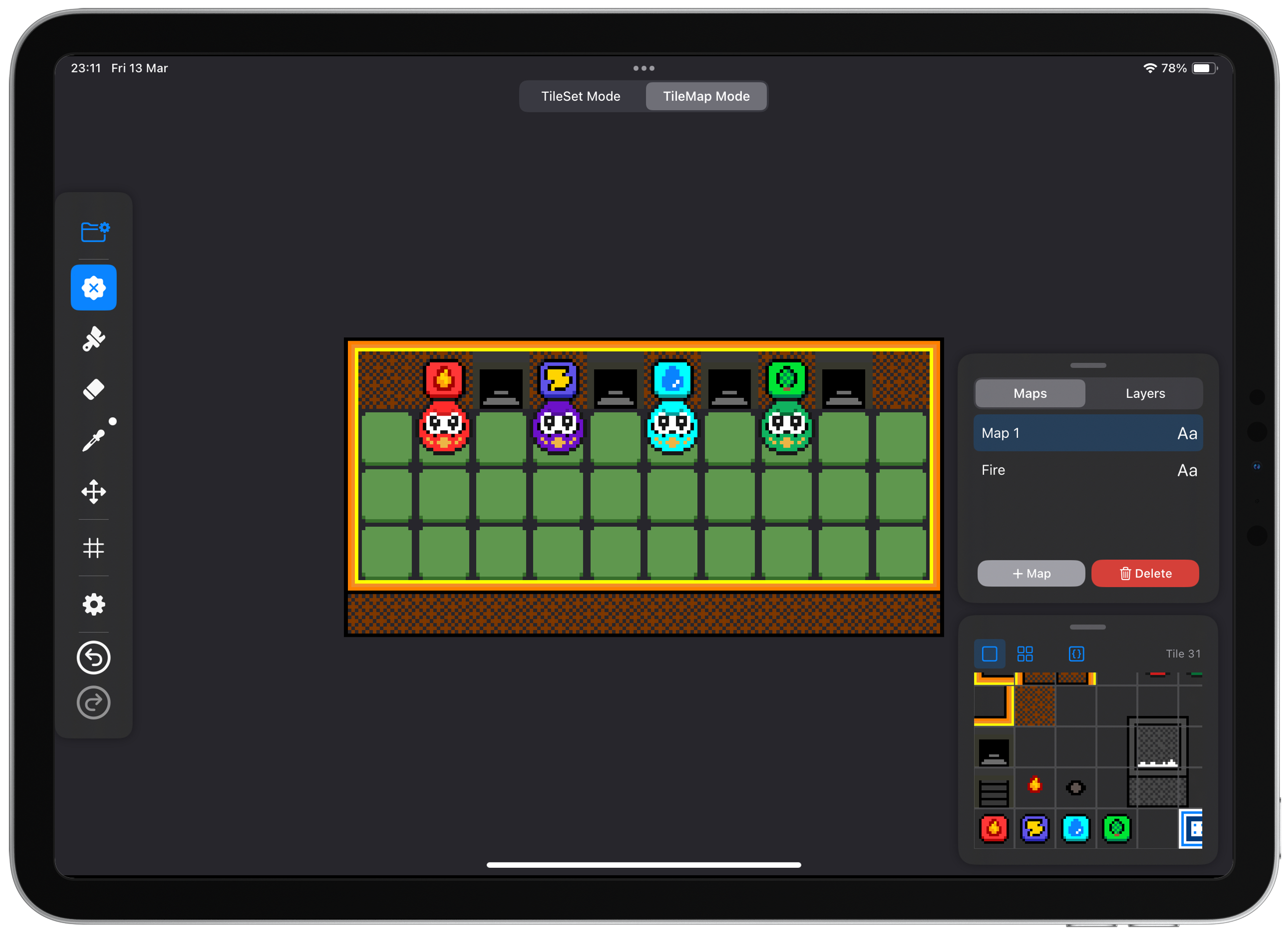 TilePix Editor Workspace Interface showing Tilemap Grid, Asset Palettes, and Pixel Art Editor